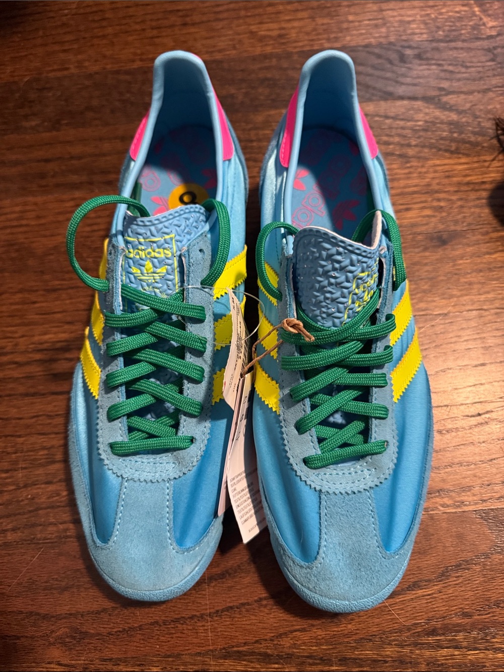 adidas Women's Sky Blue Sneakers with Yellow Stripes & Green Laces